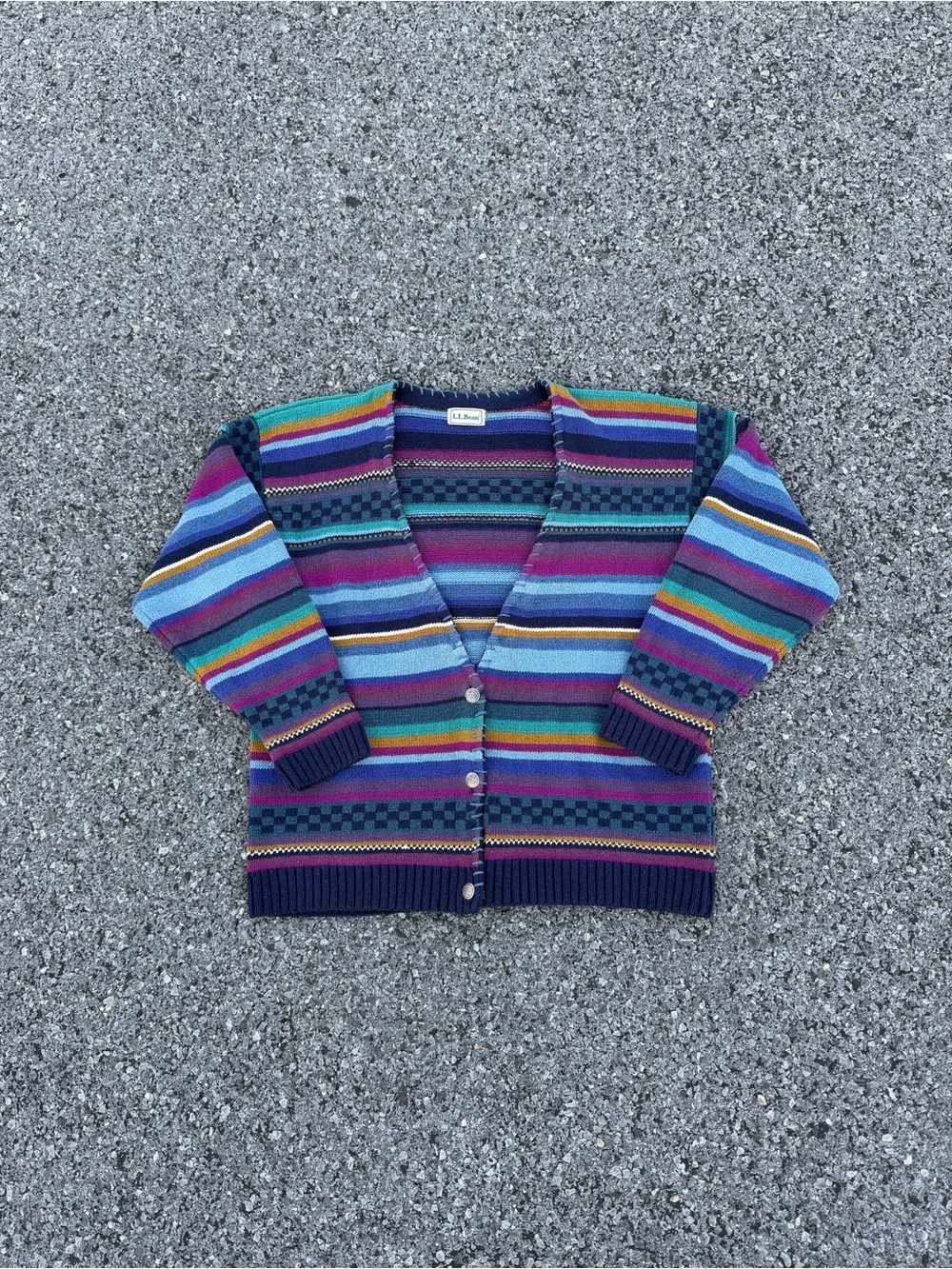 Vintage LL Bean Womens Large? Cotton Striped Cardigan Sweater Multi Color V-Neck